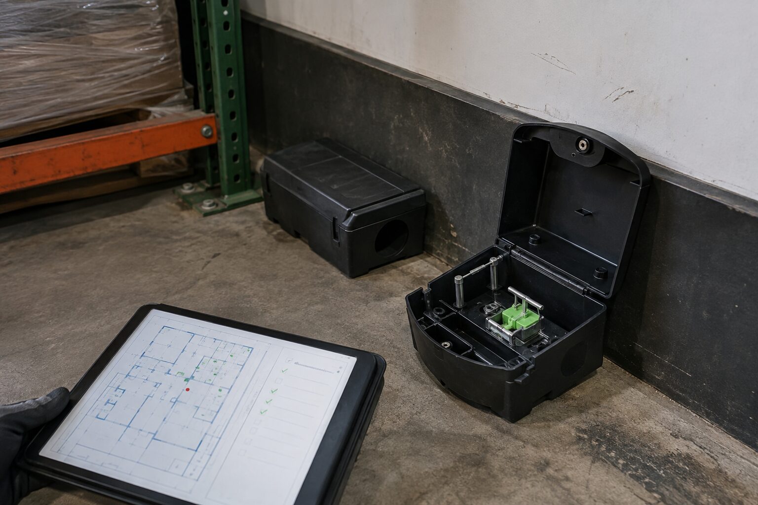 Commercial rodent monitoring stations installed in a warehouse