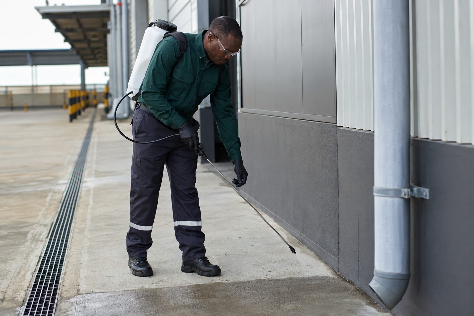Pest-control technician conducting a controlled exterior perimeter treatment
