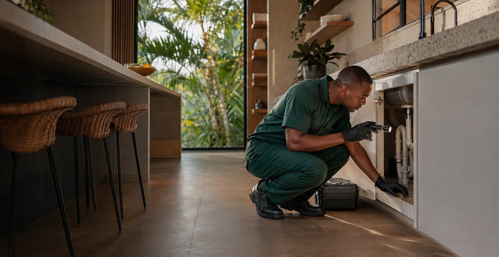 Professional Pest Worx technician inspecting a kitchen for pest activity